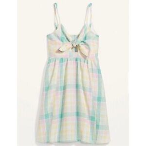 NEW! Old Navy- Yellow Blue Pink Plaid Spaghetti Strap Self Tie Mini Dress NWT